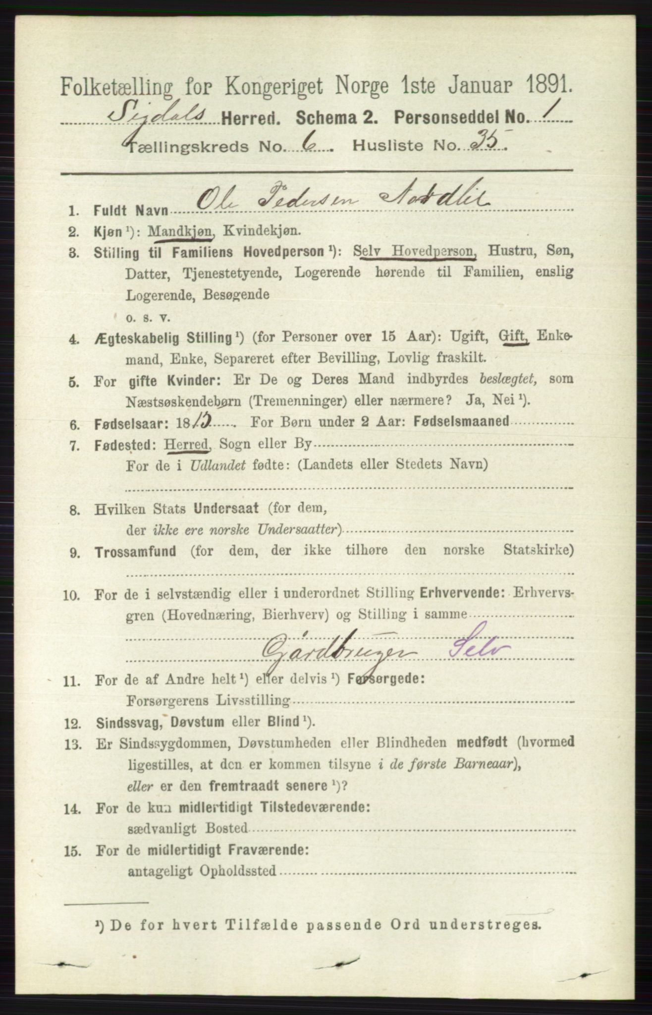 RA, 1891 census for 0621 Sigdal, 1891, p. 2611