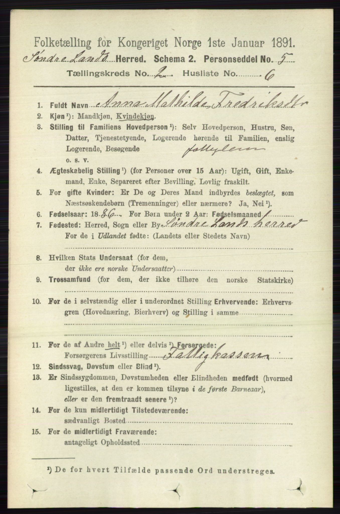 RA, 1891 census for 0536 Søndre Land, 1891, p. 1072