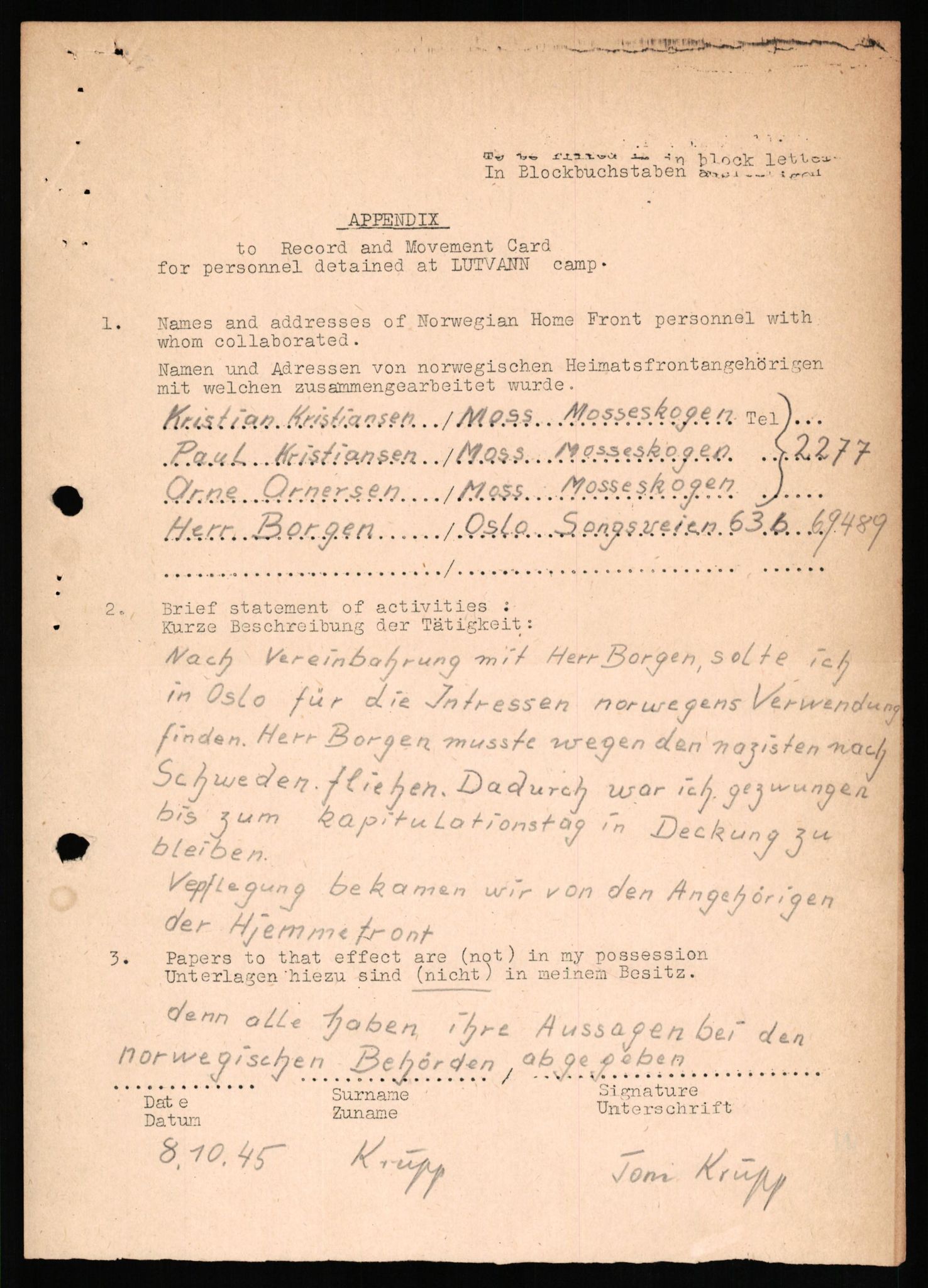 Forsvaret, Forsvarets overkommando II, AV/RA-RAFA-3915/D/Db/L0018: CI Questionaires. Tyske okkupasjonsstyrker i Norge. Tyskere., 1945-1946, p. 372