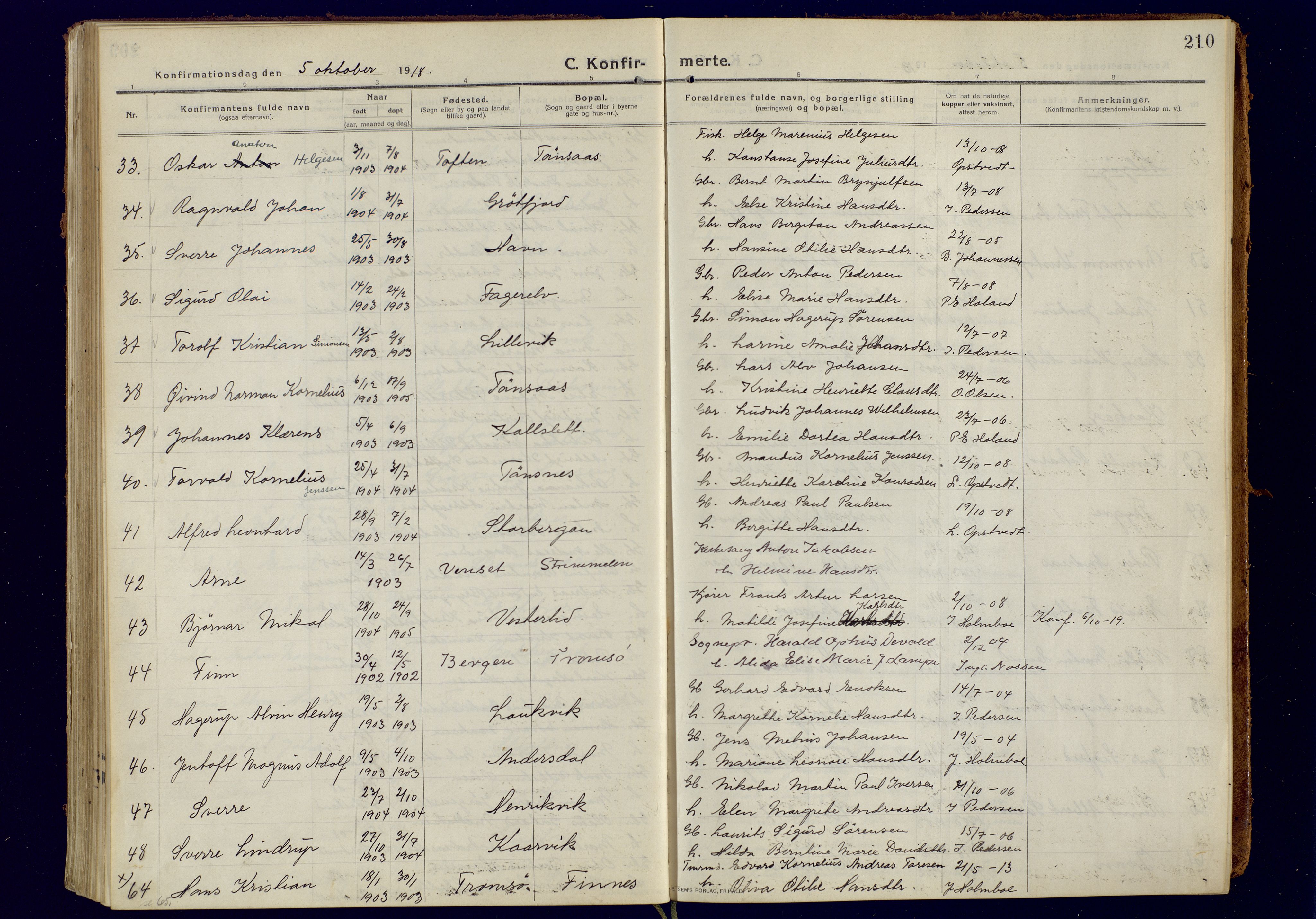 Tromsøysund sokneprestkontor, AV/SATØ-S-1304/G/Ga/L0008kirke: Parish register (official) no. 8, 1914-1922, p. 210