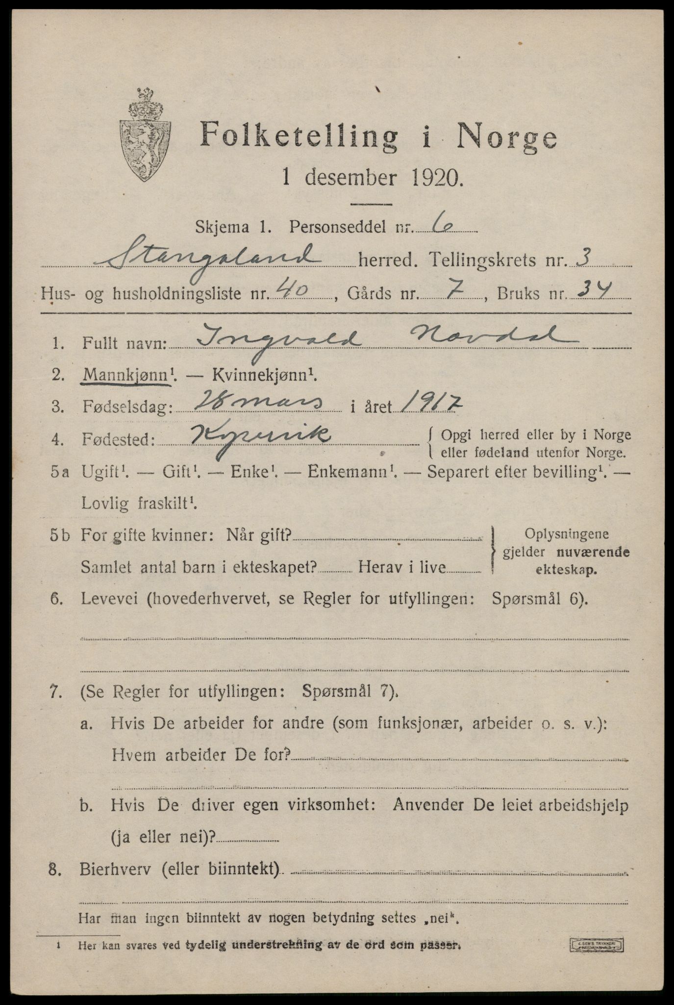 SAST, 1920 census for Stangaland, 1920, p. 2797