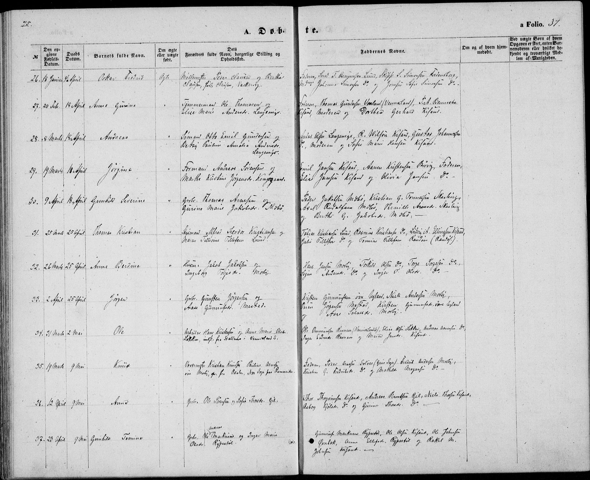 Oddernes sokneprestkontor, AV/SAK-1111-0033/F/Fb/Fba/L0007: Parish register (copy) no. B 7, 1869-1887, p. 37