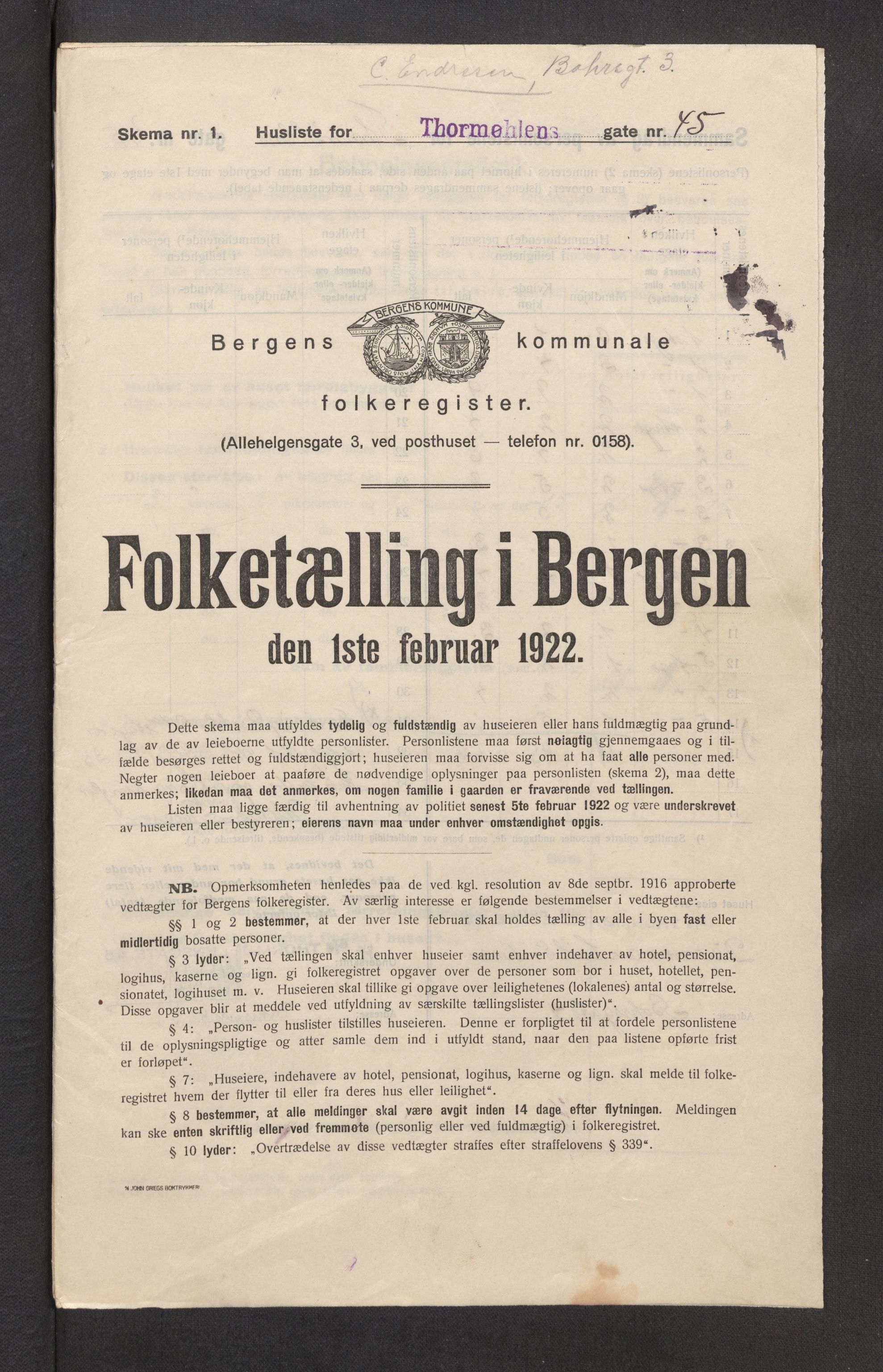 SAB, Municipal Census 1922 for Bergen, 1922, p. 43813