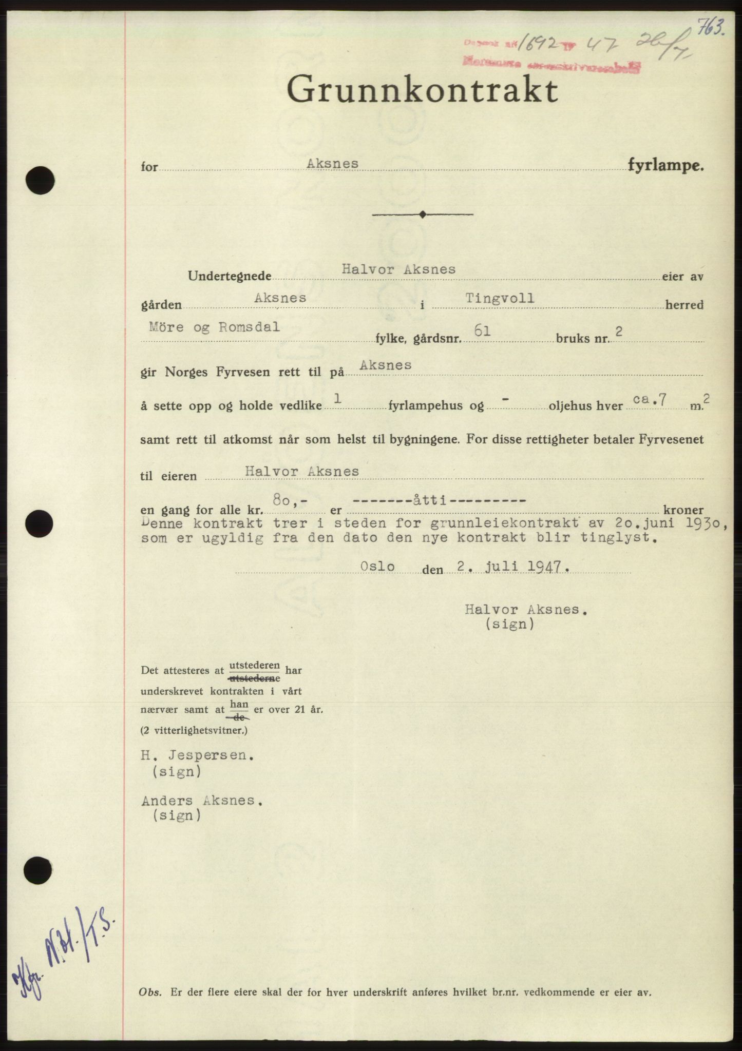 Nordmøre sorenskriveri, AV/SAT-A-4132/1/2/2Ca: Mortgage book no. B96, 1947-1947, Diary no: : 1692/1947