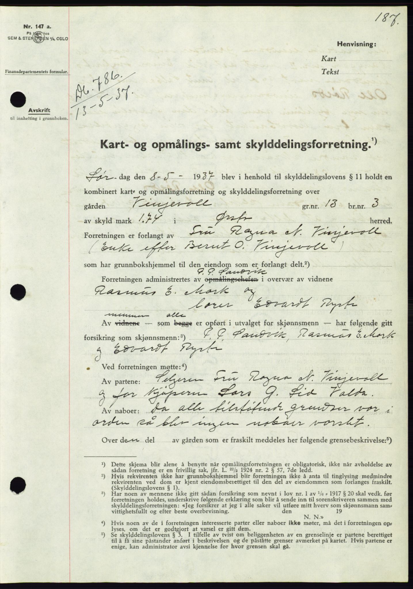 Søre Sunnmøre sorenskriveri, AV/SAT-A-4122/1/2/2C/L0063: Mortgage book no. 57, 1937-1937, Diary no: : 786/1937