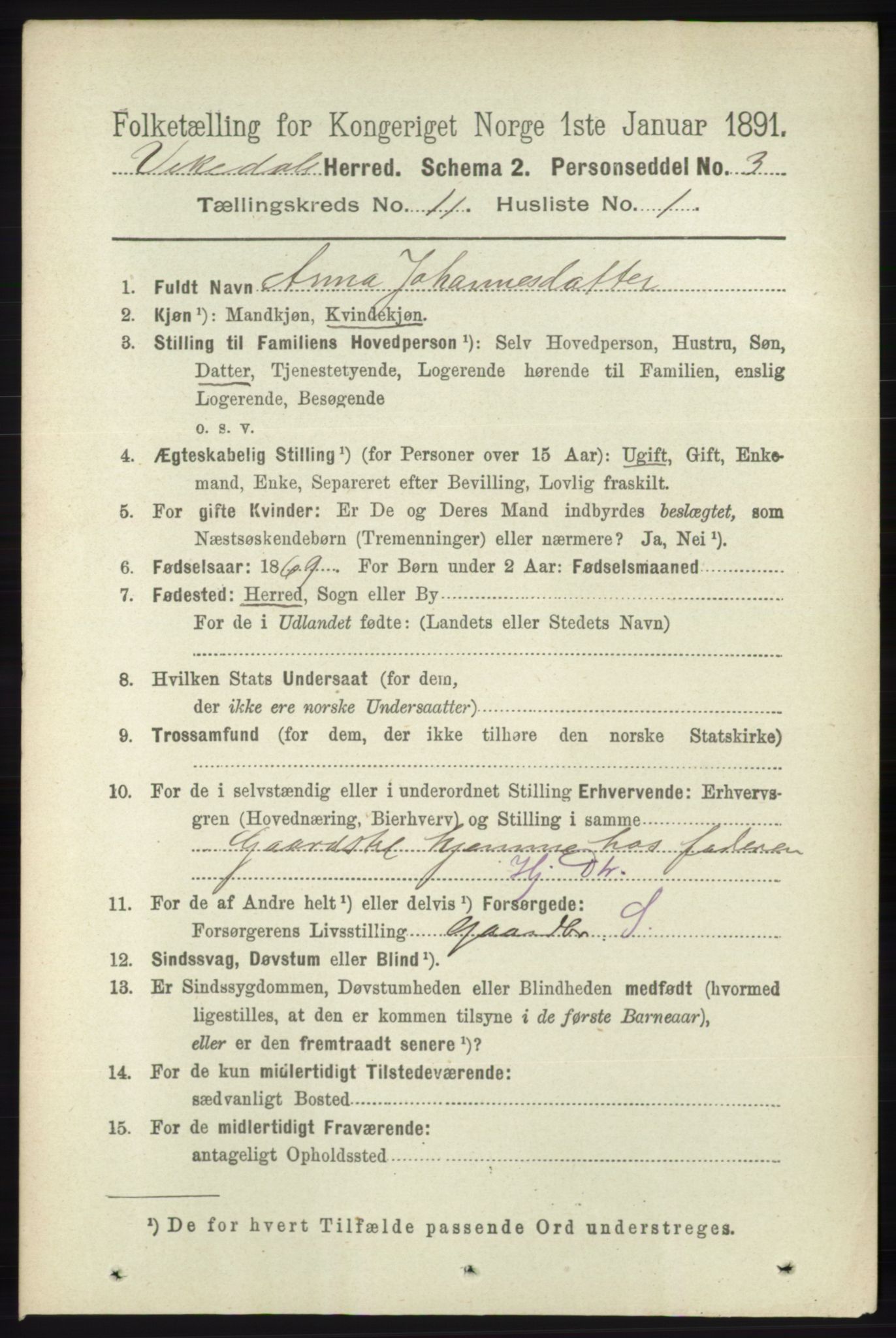 RA, 1891 census for 1157 Vikedal, 1891, p. 2899