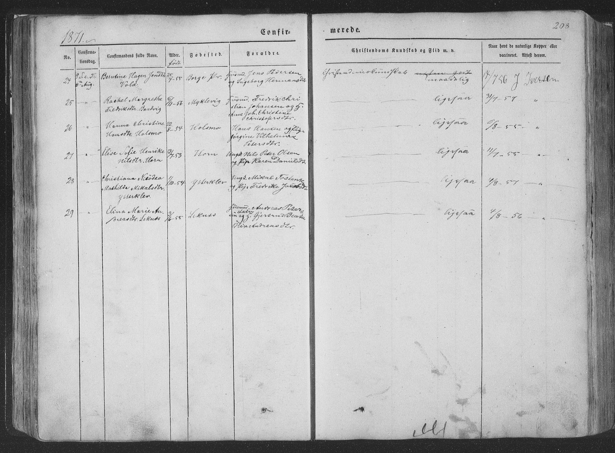 Ministerialprotokoller, klokkerbøker og fødselsregistre - Nordland, AV/SAT-A-1459/881/L1165: Parish register (copy) no. 881C02, 1854-1876, p. 208