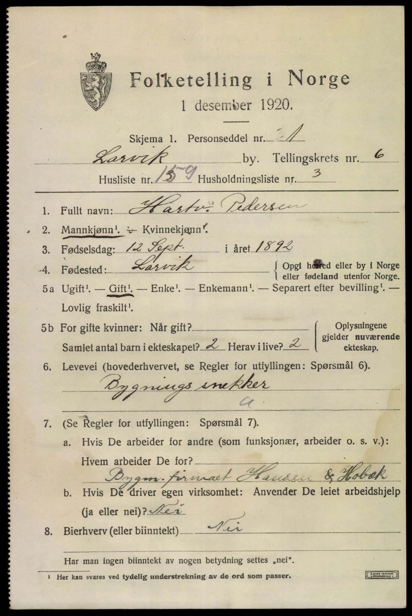 SAKO, 1920 census for Larvik, 1920, p. 20668