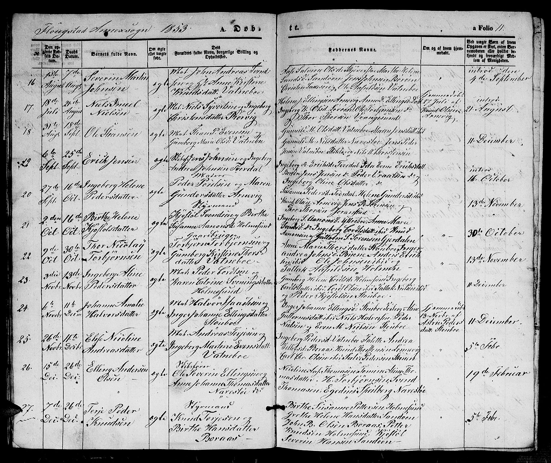 Dypvåg sokneprestkontor, SAK/1111-0007/F/Fb/Fbb/L0002: Parish register (copy) no. B 2, 1851-1871, p. 11