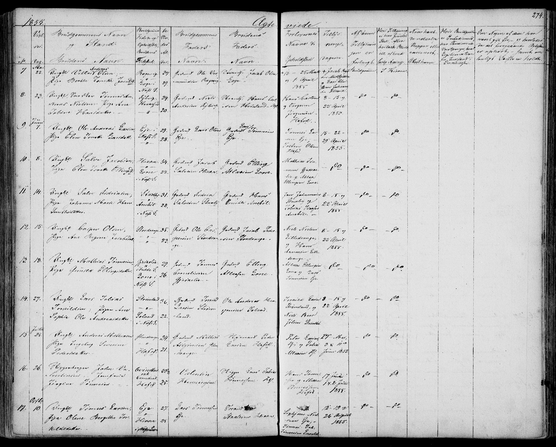 Flekkefjord sokneprestkontor, SAK/1111-0012/F/Fb/Fbc/L0005: Parish register (copy) no. B 5, 1846-1866, p. 274