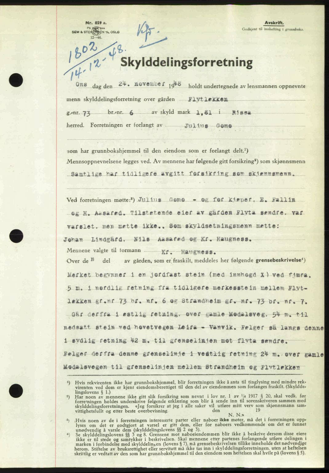 Fosen sorenskriveri, AV/SAT-A-1107/1/2/2C: Mortgage book no. A7-9, 1947-1949, Diary no: : 1803/1948