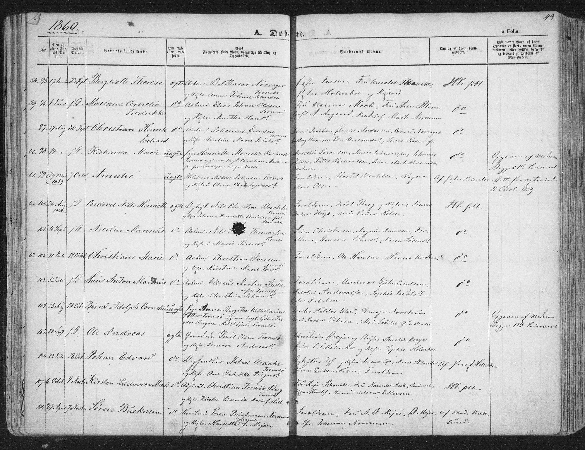 Tromsø sokneprestkontor/stiftsprosti/domprosti, SATØ/S-1343/G/Ga/L0011kirke: Parish register (official) no. 11, 1856-1865, p. 43