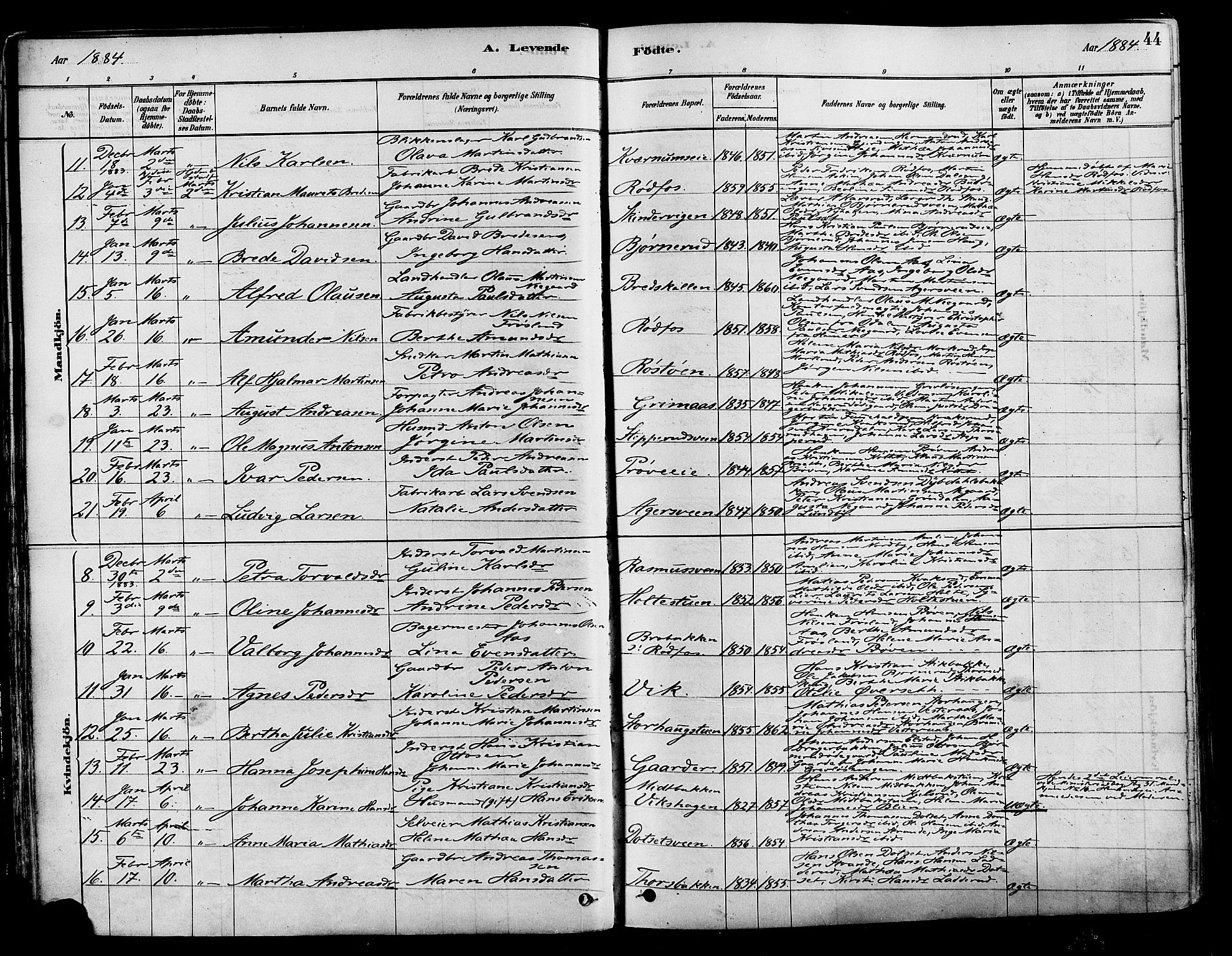 Vestre Toten prestekontor, SAH/PREST-108/H/Ha/Haa/L0009: Parish register (official) no. 9, 1878-1894, p. 44