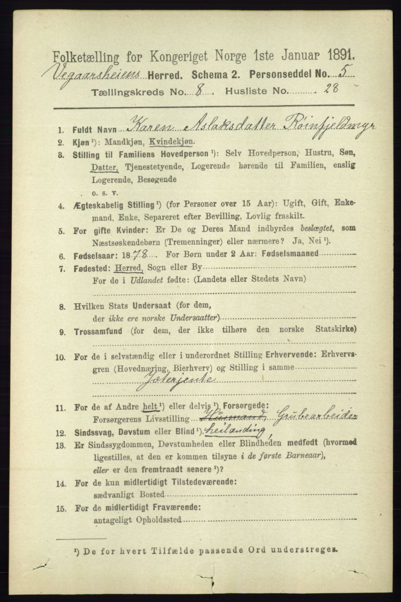 RA, 1891 census for 0912 Vegårshei, 1891, p. 1707