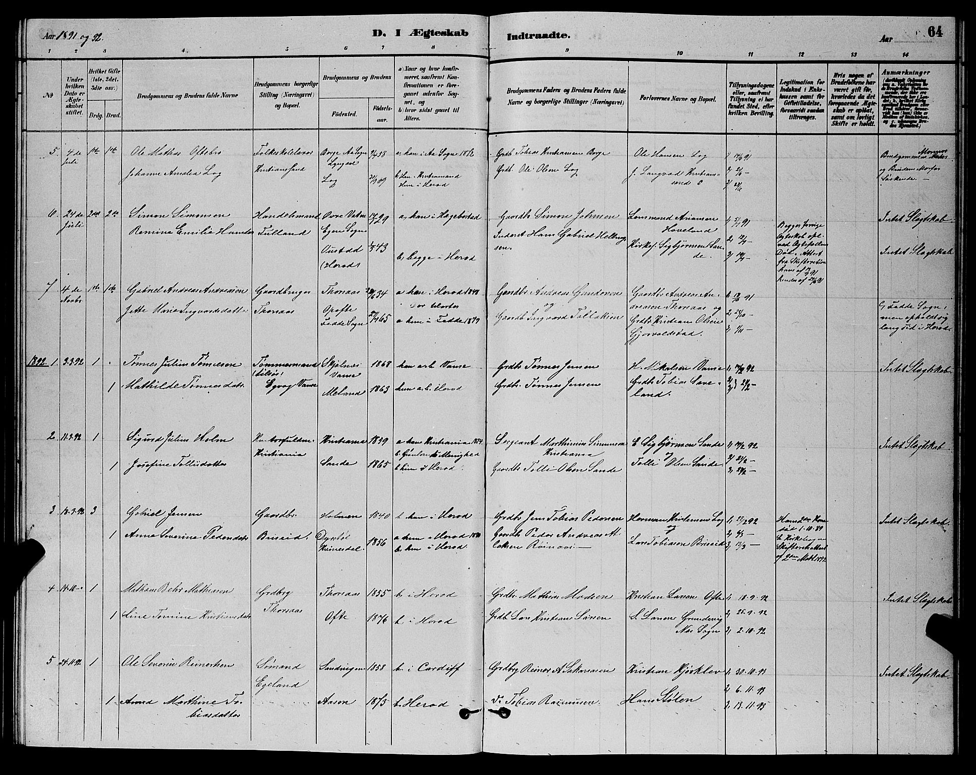 Herad sokneprestkontor, AV/SAK-1111-0018/F/Fb/Fba/L0004: Parish register (copy) no. B 4, 1882-1899, p. 64