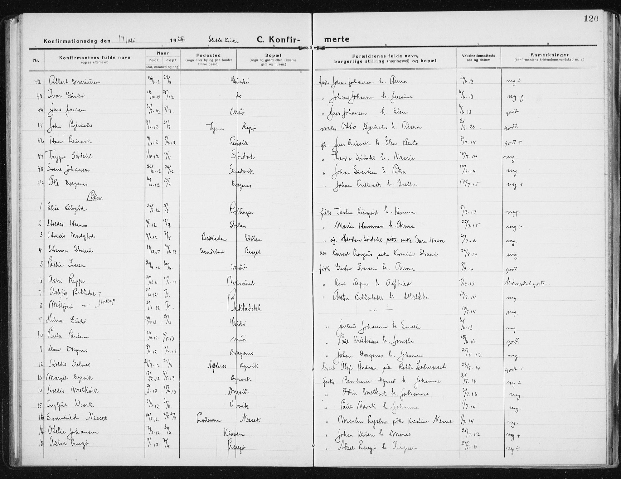 Ministerialprotokoller, klokkerbøker og fødselsregistre - Sør-Trøndelag, SAT/A-1456/640/L0589: Parish register (copy) no. 640C06, 1922-1934, p. 120
