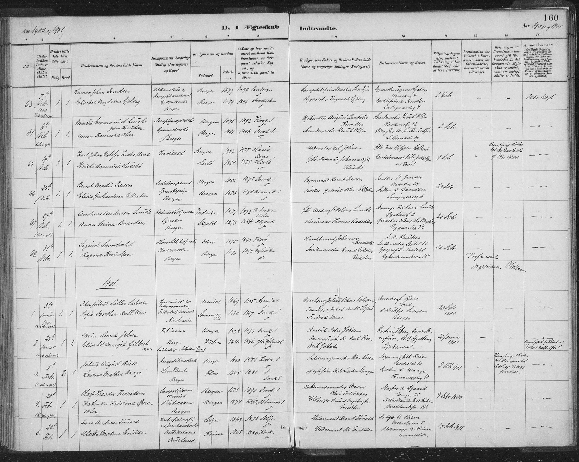 Domkirken sokneprestembete, SAB/A-74801/H/Hab/L0032: Parish register (copy) no. D 4, 1880-1907, p. 160