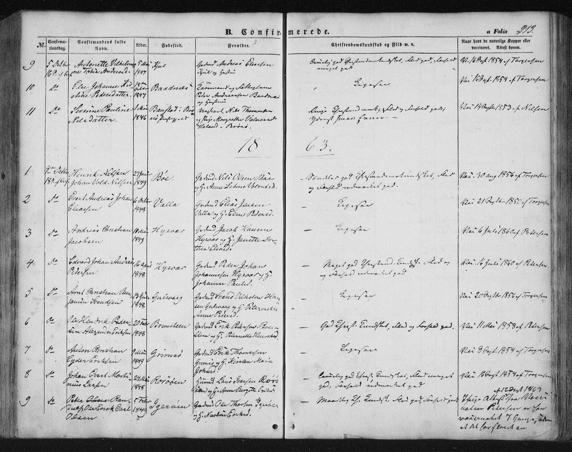 Ministerialprotokoller, klokkerbøker og fødselsregistre - Nordland, SAT/A-1459/816/L0240: Parish register (official) no. 816A06, 1846-1870, p. 213