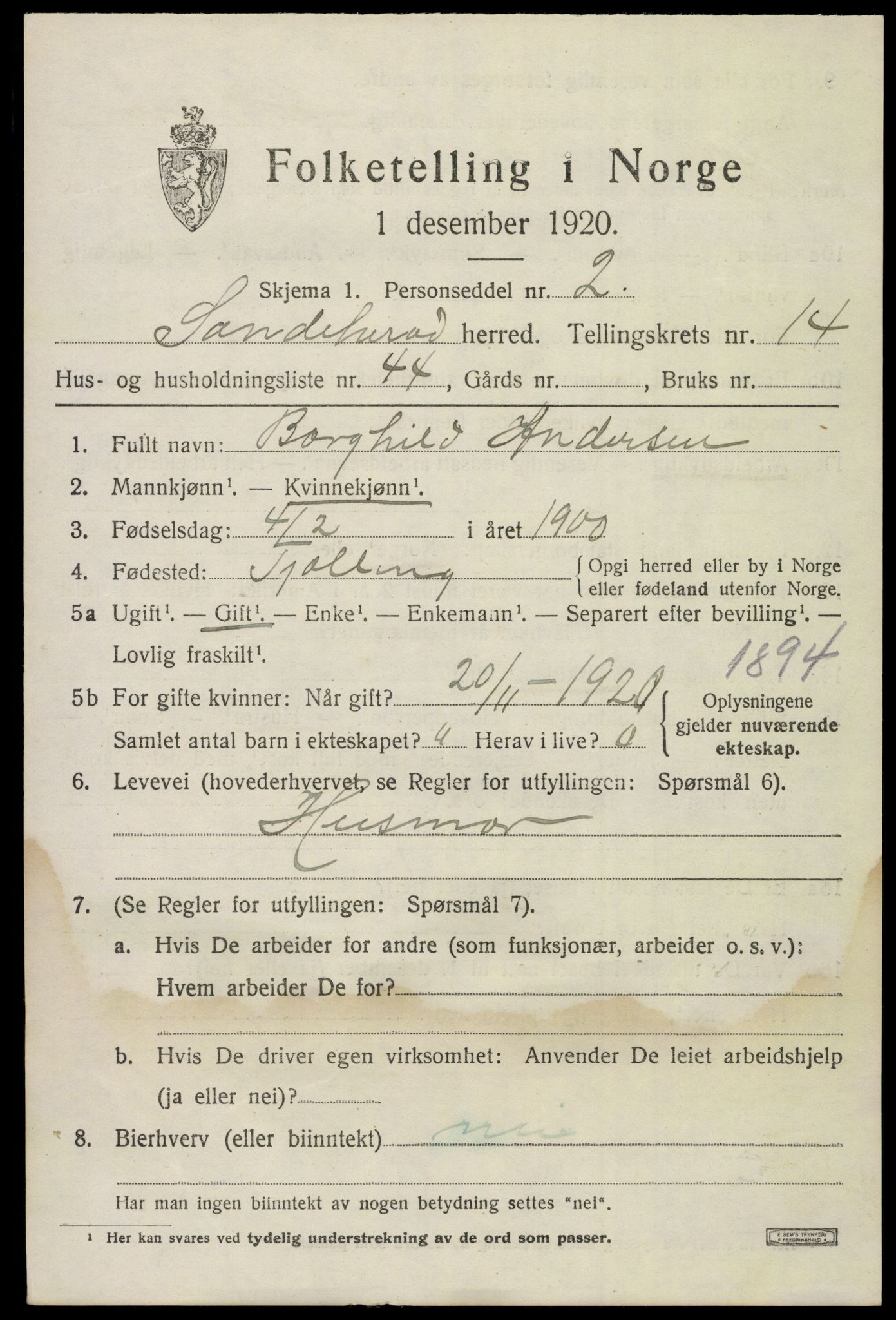 SAKO, 1920 census for Sandeherred, 1920, p. 20782