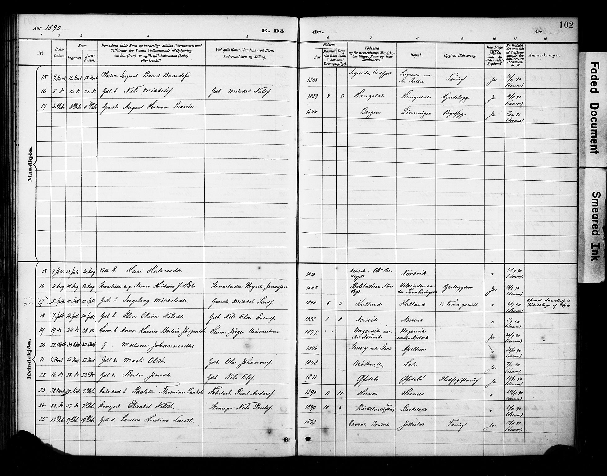Fana Sokneprestembete, SAB/A-75101/H/Haa/Haab/L0002: Parish register (official) no. B 2, 1890-1897, p. 102