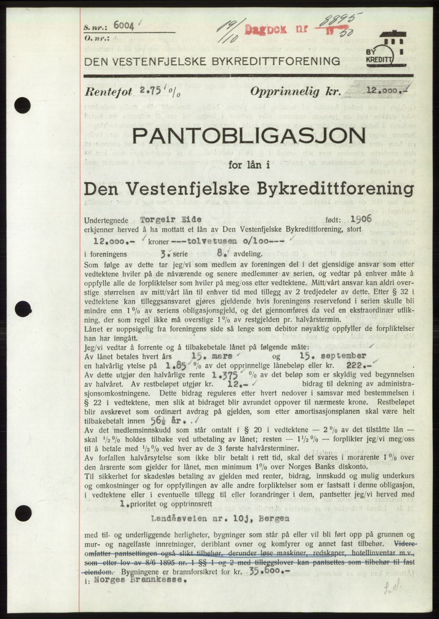 Byfogd og Byskriver i Bergen, AV/SAB-A-3401/03/03Bd/L0004: Mortgage book no. B40-41, 1950-1950, Diary no: : 8895/1950