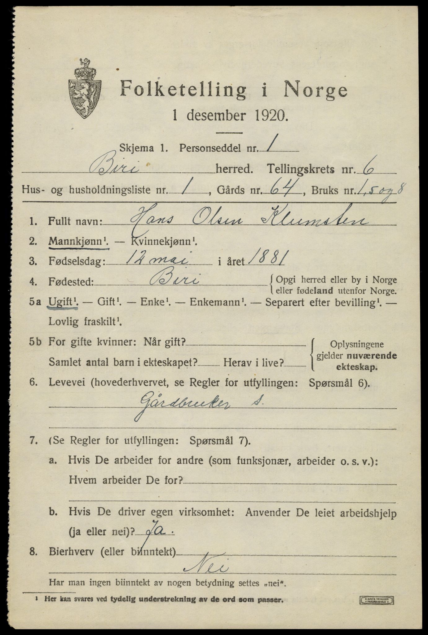 SAH, 1920 census for Biri, 1920, p. 5477