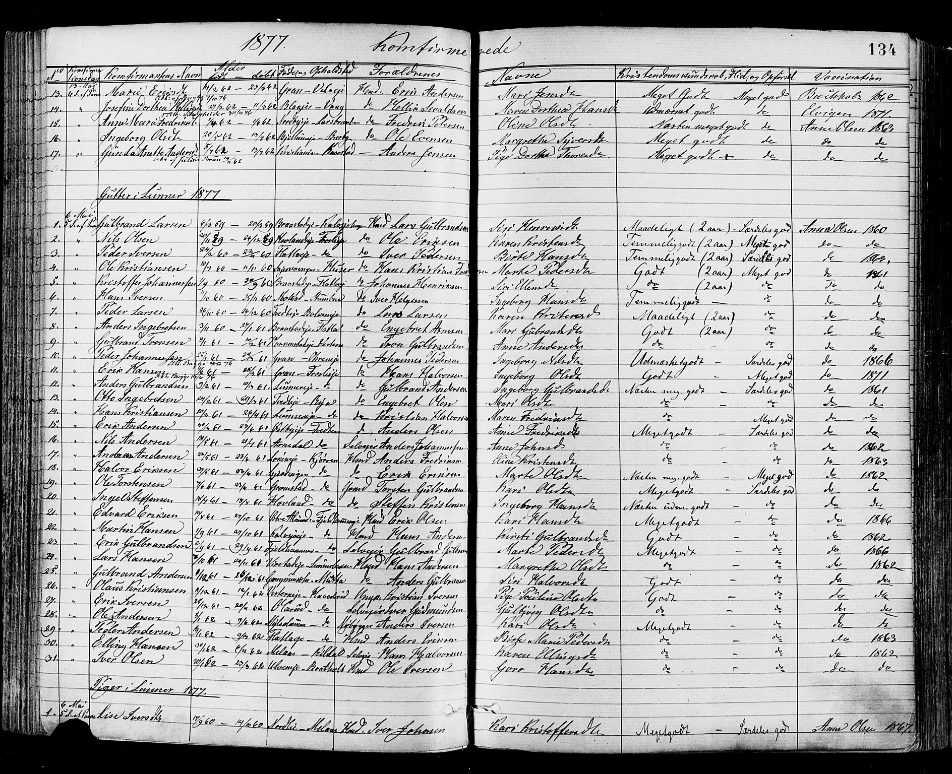 Jevnaker prestekontor, SAH/PREST-116/H/Ha/Haa/L0008: Parish register (official) no. 8, 1877-1890, p. 134