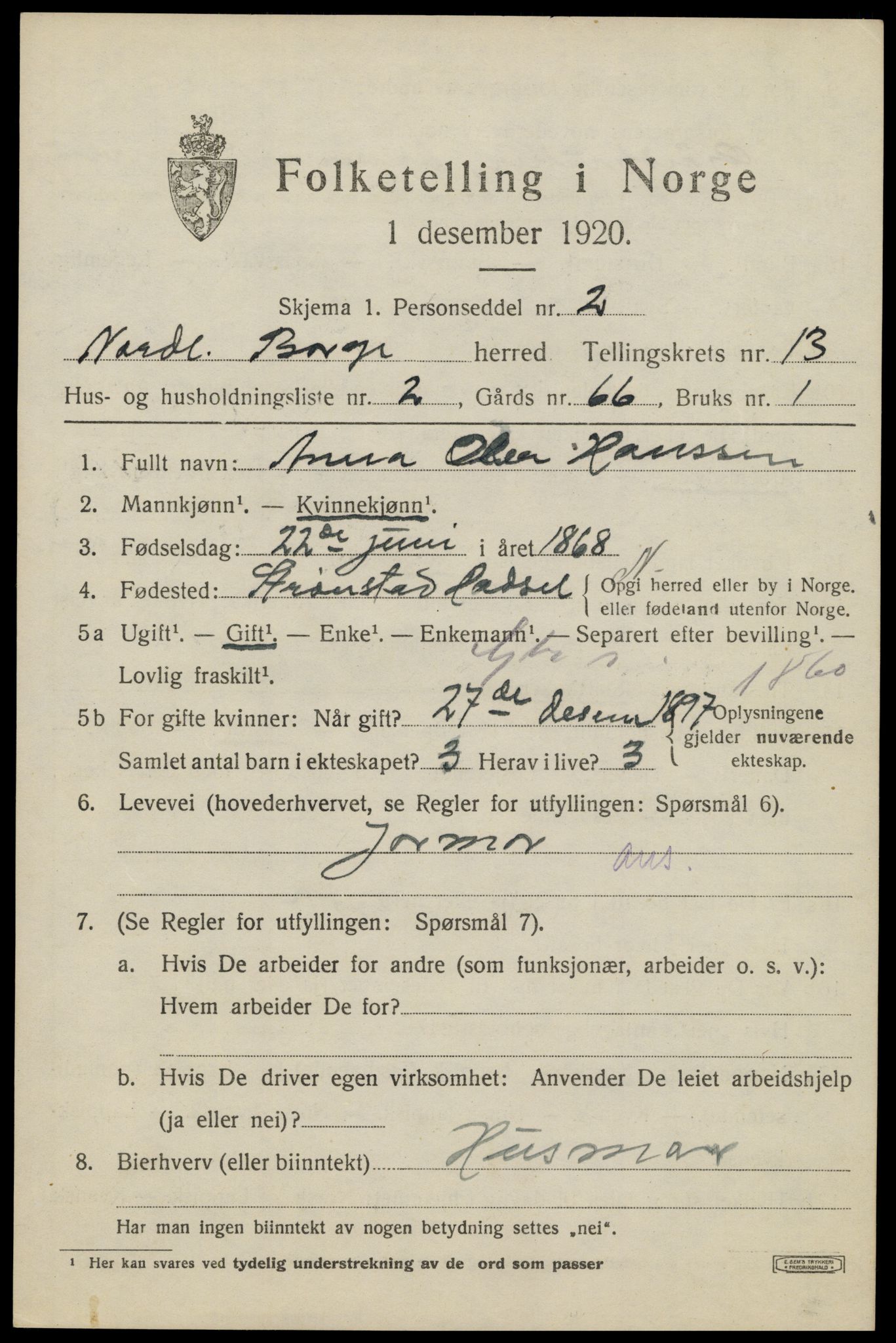 SAT, 1920 census for Borge, 1920, p. 10307