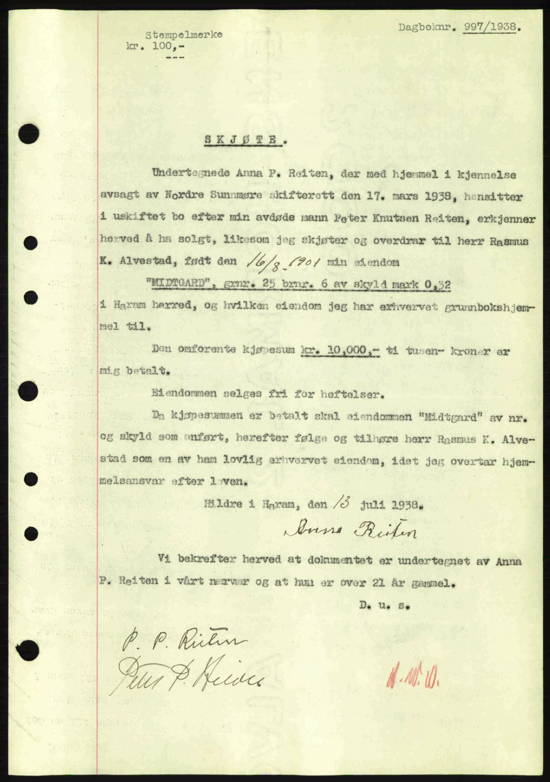 Nordre Sunnmøre sorenskriveri, AV/SAT-A-0006/1/2/2C/2Ca: Mortgage book no. A4, 1937-1938, Diary no: : 997/1938