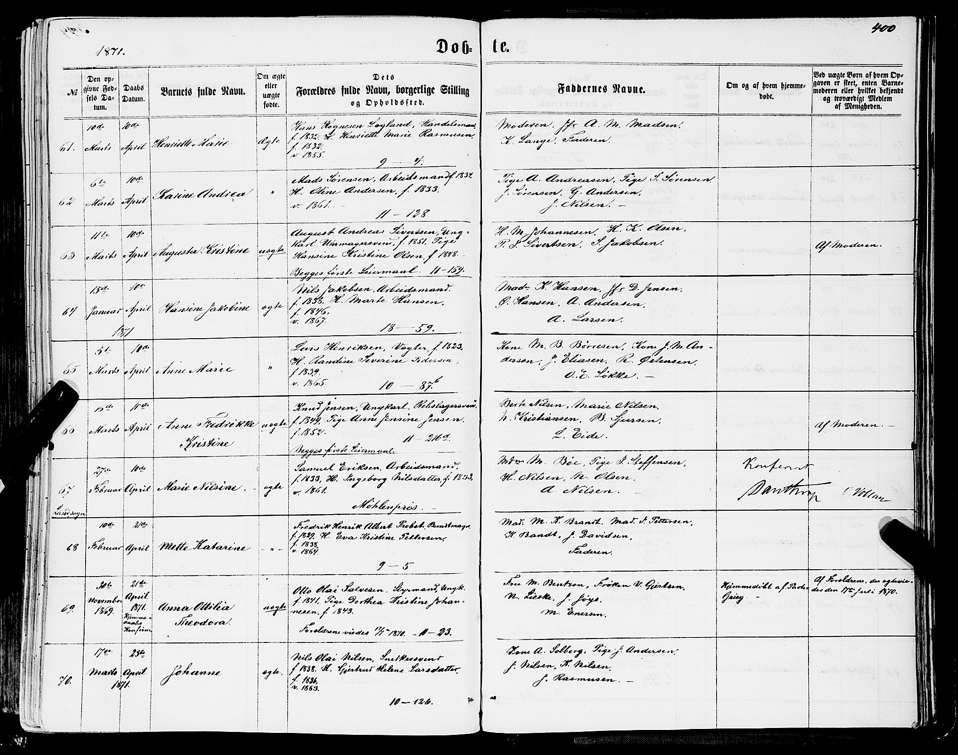 Domkirken sokneprestembete, AV/SAB-A-74801/H/Haa/L0021: Parish register (official) no. B 4, 1859-1871, p. 400