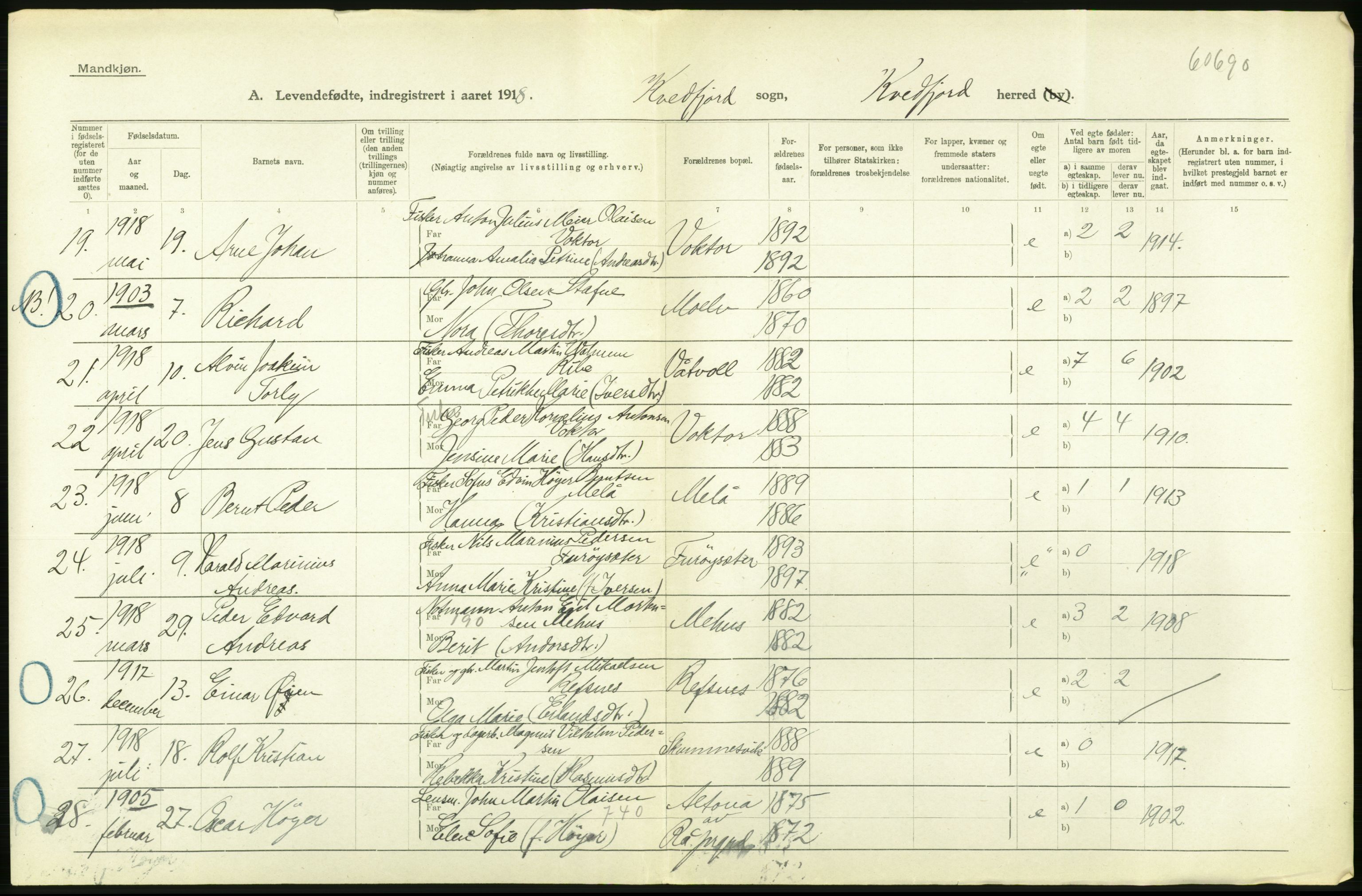 Statistisk sentralbyrå, Sosiodemografiske emner, Befolkning, RA/S-2228/D/Df/Dfb/Dfbh/L0056: Troms fylke: Levendefødte menn og kvinner. Bygder og byer., 1918, p. 510