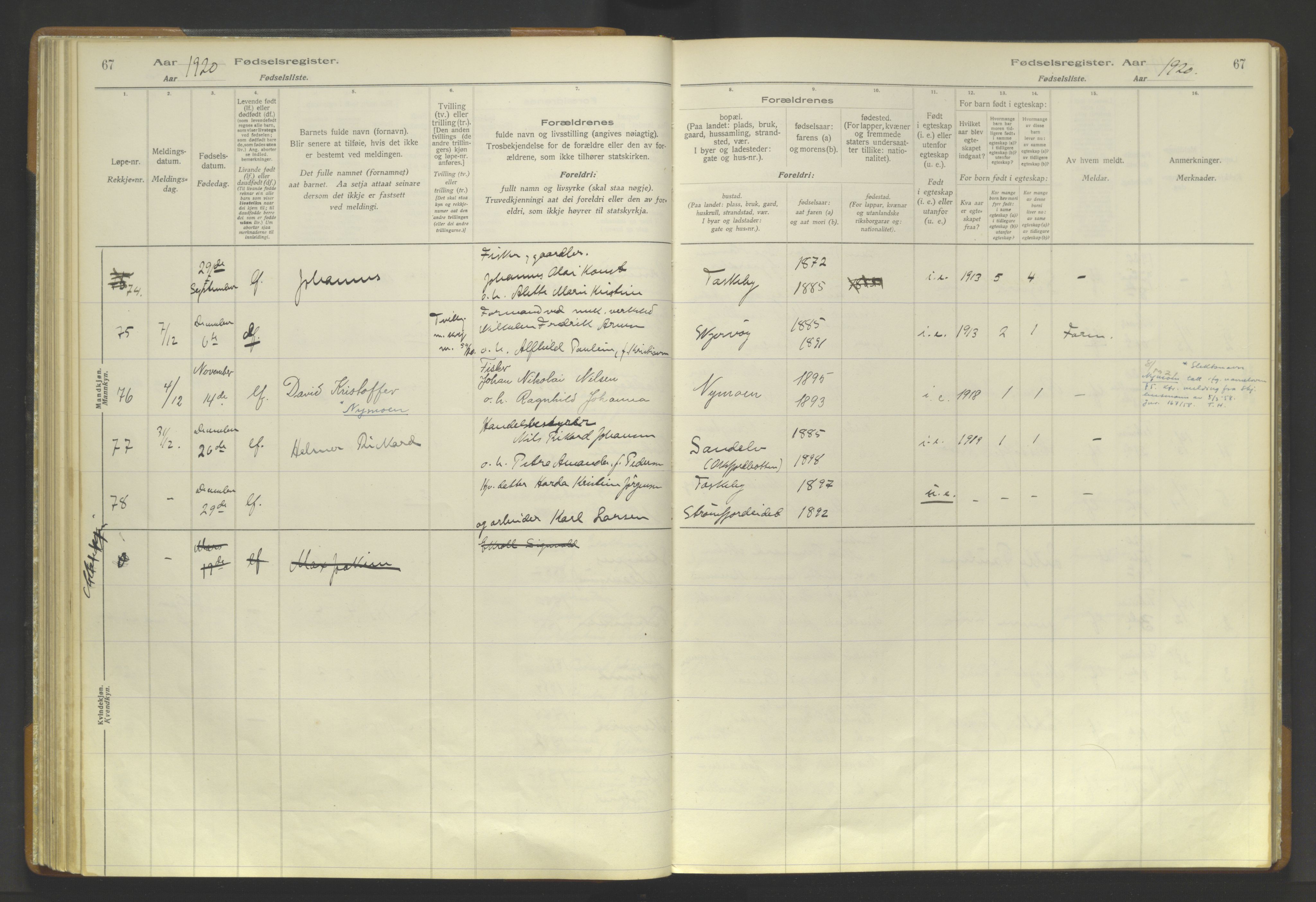 Skjervøy sokneprestkontor, AV/SATØ-S-1300/I/Ia/L0056: Birth register no. 56, 1916-1932, p. 67