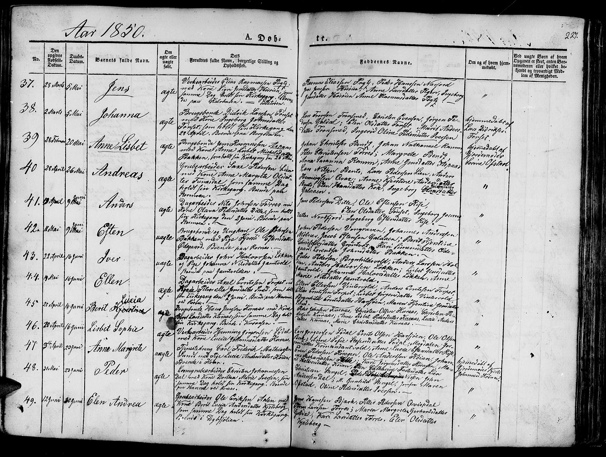 Ministerialprotokoller, klokkerbøker og fødselsregistre - Sør-Trøndelag, SAT/A-1456/681/L0938: Parish register (copy) no. 681C02, 1829-1879, p. 227