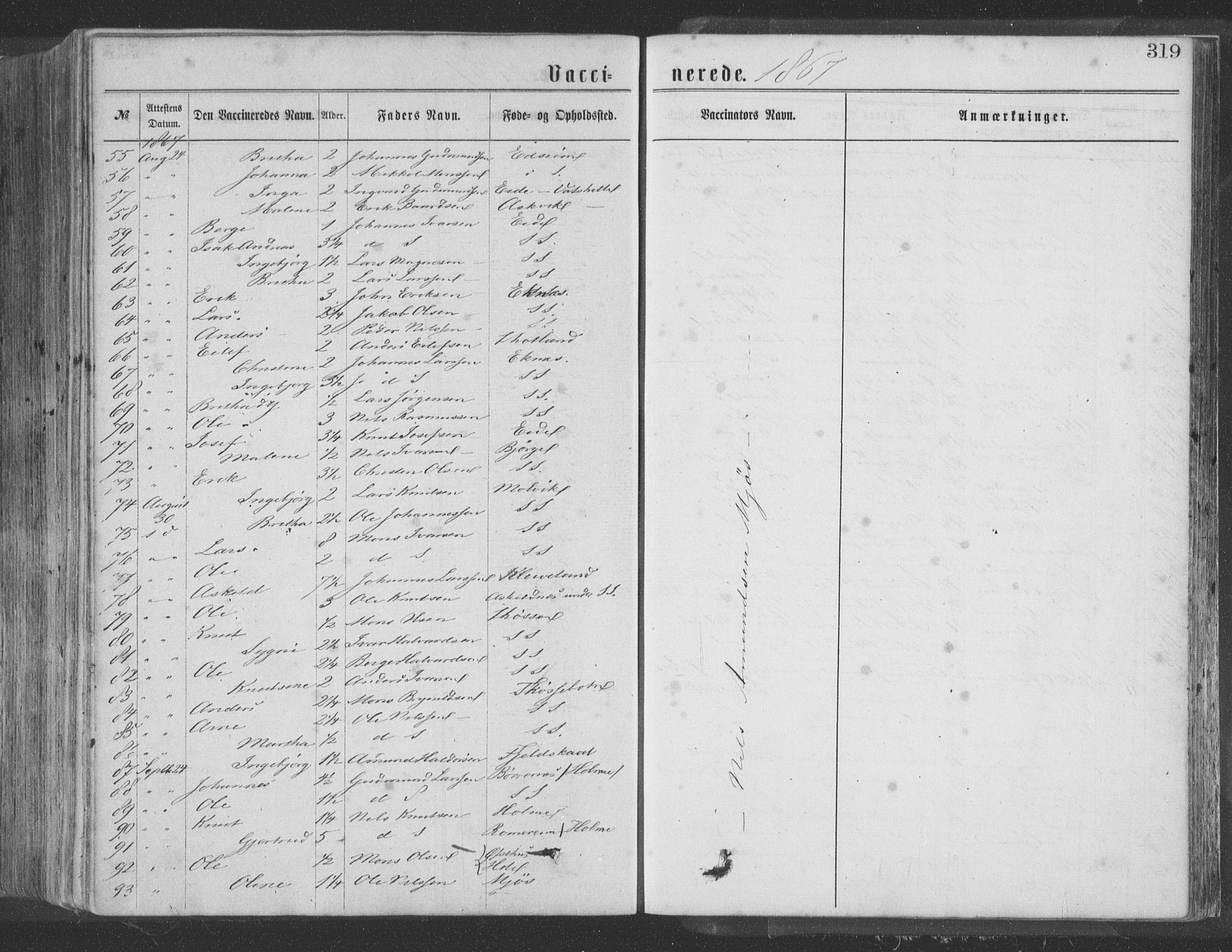 Hosanger sokneprestembete, AV/SAB-A-75801/H/Haa: Parish register (official) no. A 9, 1864-1876, p. 319