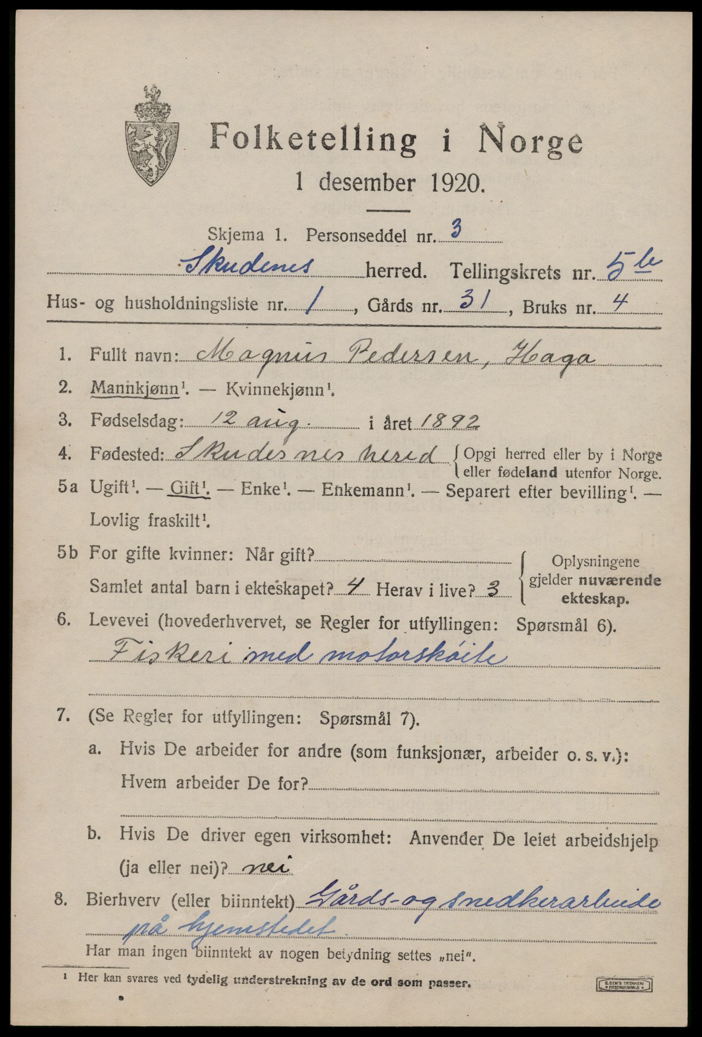 SAST, 1920 census for Skudenes, 1920, p. 4472