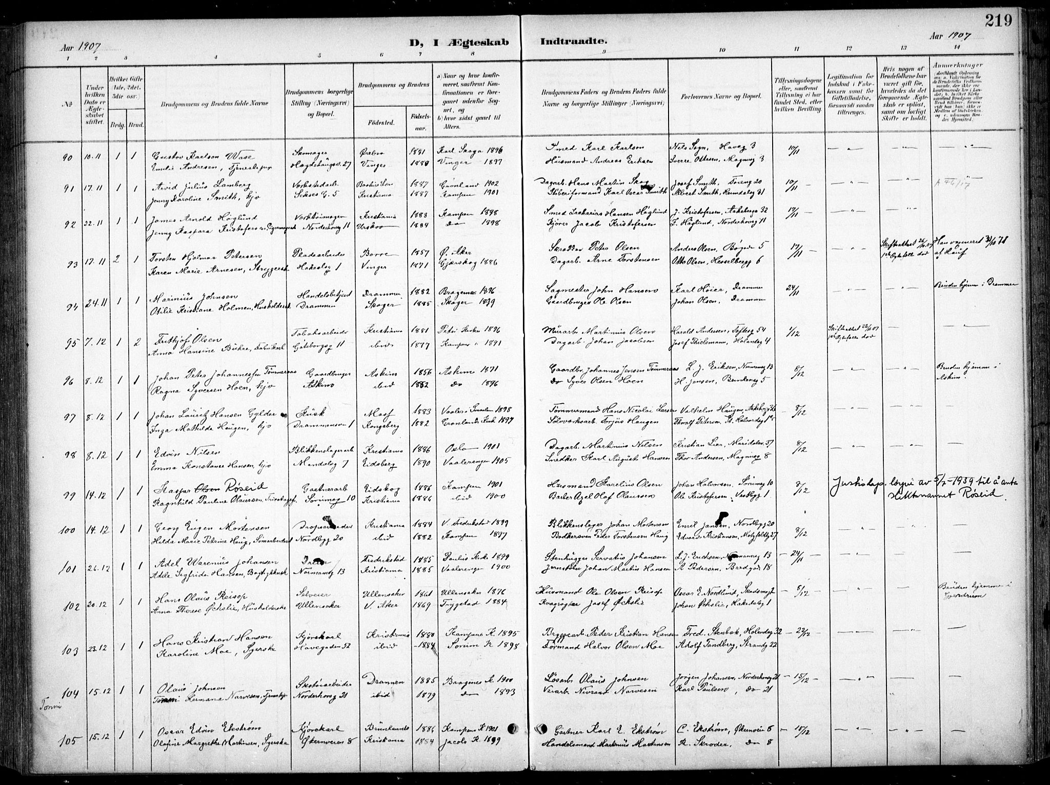Kampen prestekontor Kirkebøker, SAO/A-10853/F/Fa/L0009: Parish register (official) no. I 9, 1899-1911, p. 219
