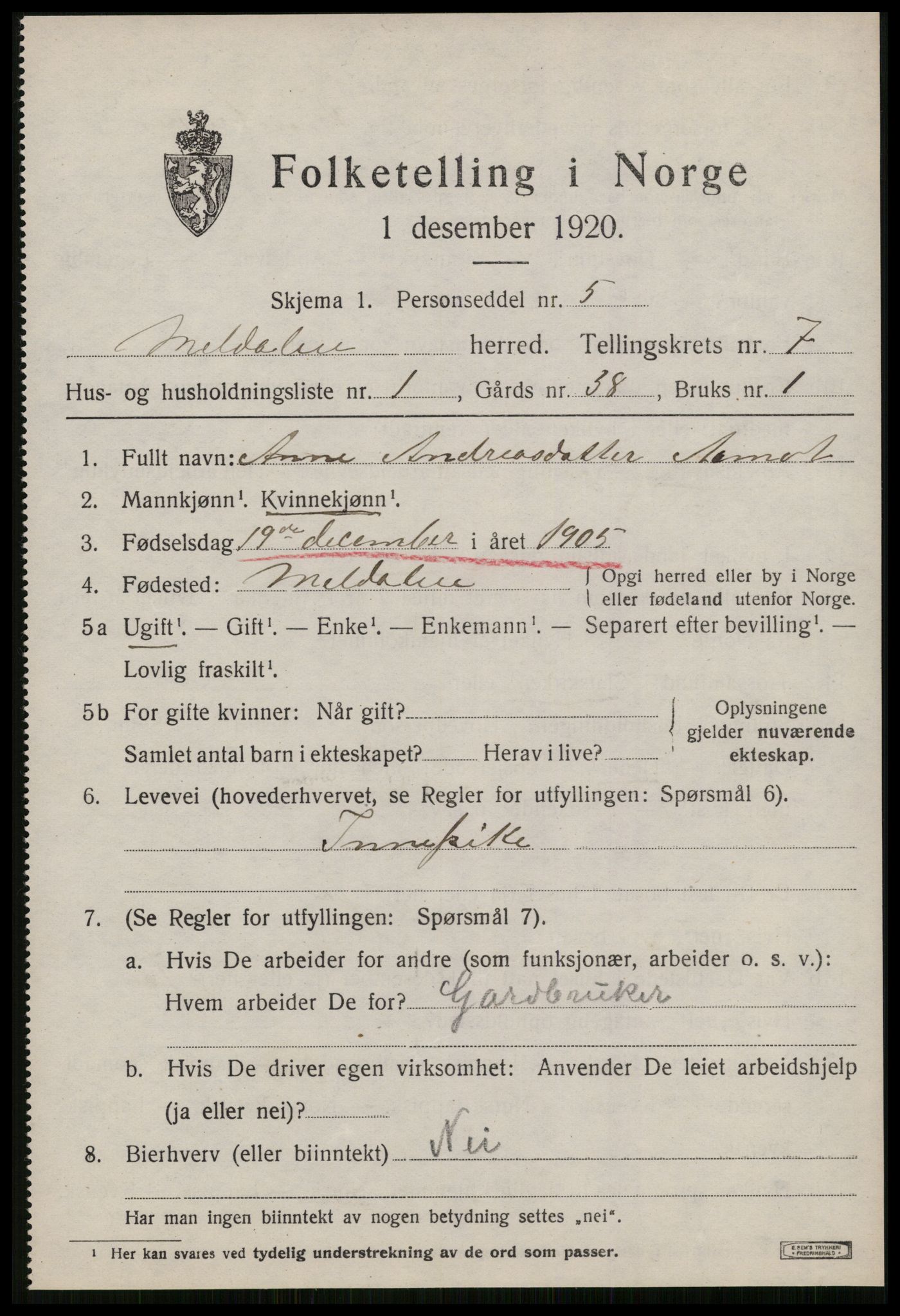 SAT, 1920 census for Meldal, 1920, p. 7293