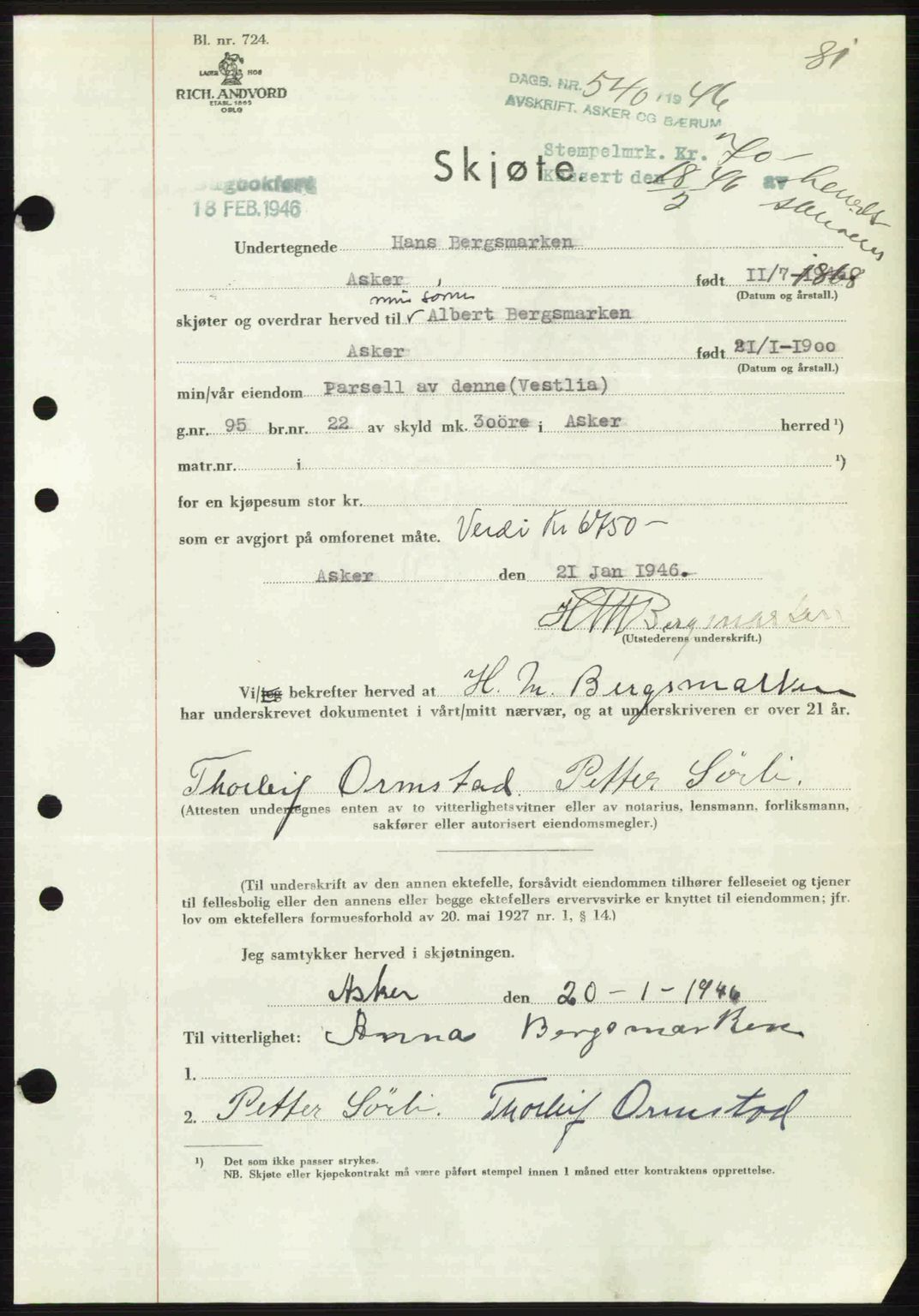 Aker herredsskriveri, AV/SAO-A-10896/G/Gb/Gbb/Gbbb/L0034: Mortgage book no. A80, 1946-1946, Diary no: : 540/1946