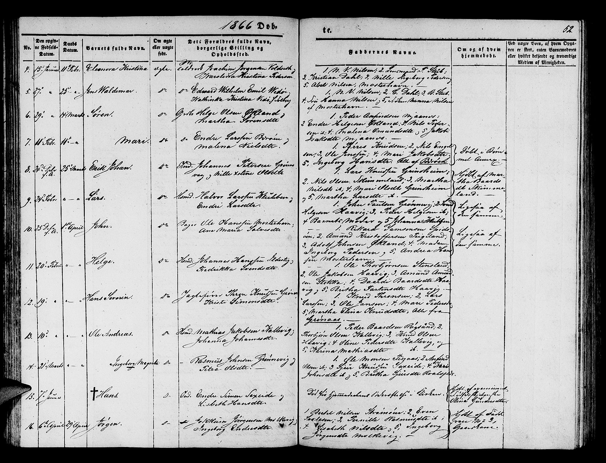 Finnås sokneprestembete, SAB/A-99925/H/Ha/Hab/Haba/L0001: Parish register (copy) no. A 1, 1851-1873, p. 52