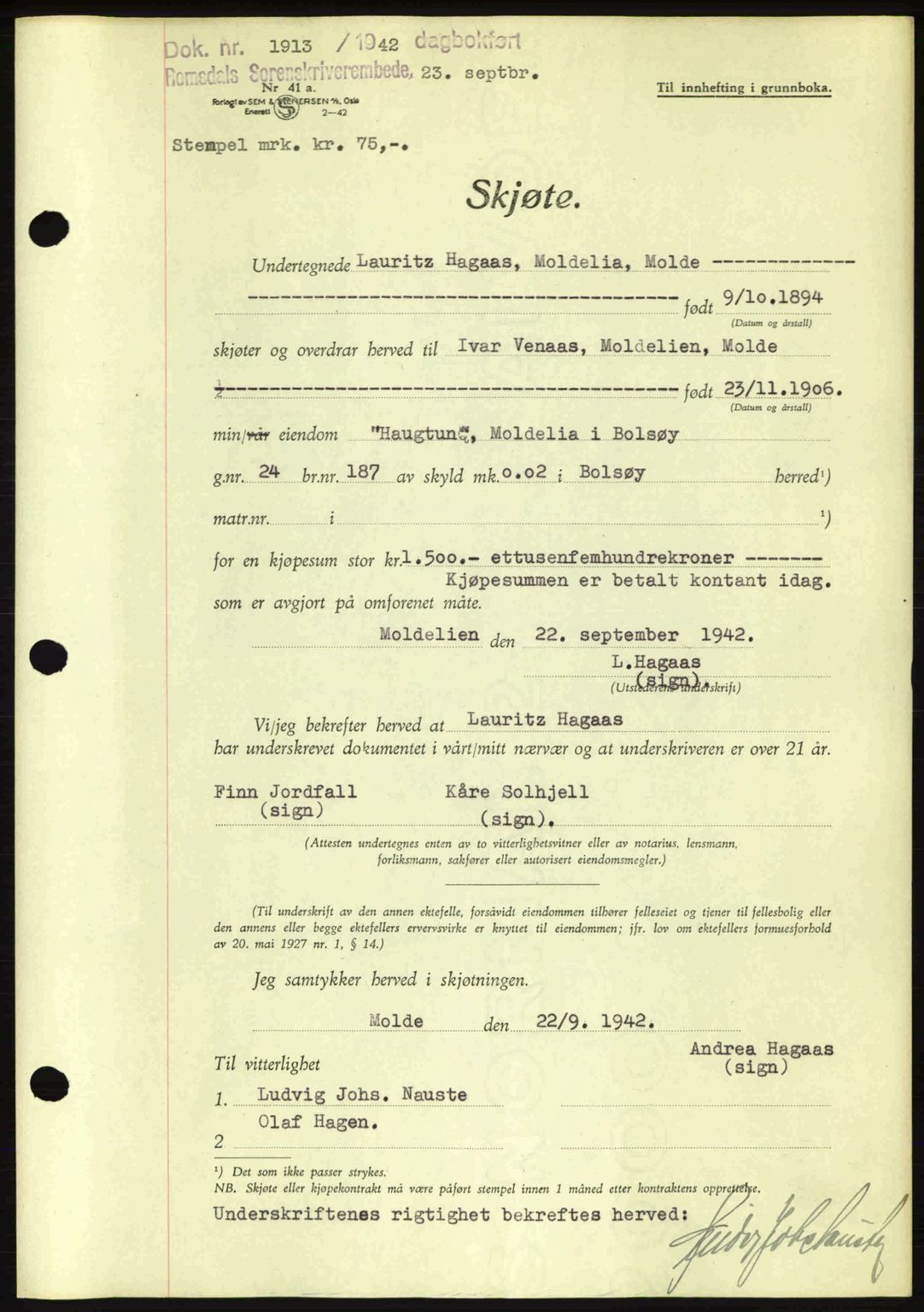 Romsdal sorenskriveri, AV/SAT-A-4149/1/2/2C: Mortgage book no. A12, 1942-1942, Diary no: : 1913/1942