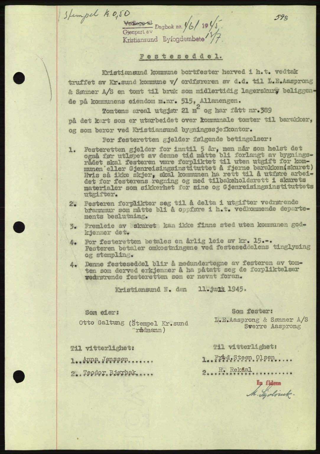 Kristiansund byfogd, SAT/A-4587/A/27: Mortgage book no. 37-38, 1943-1945, Diary no: : 461/1945