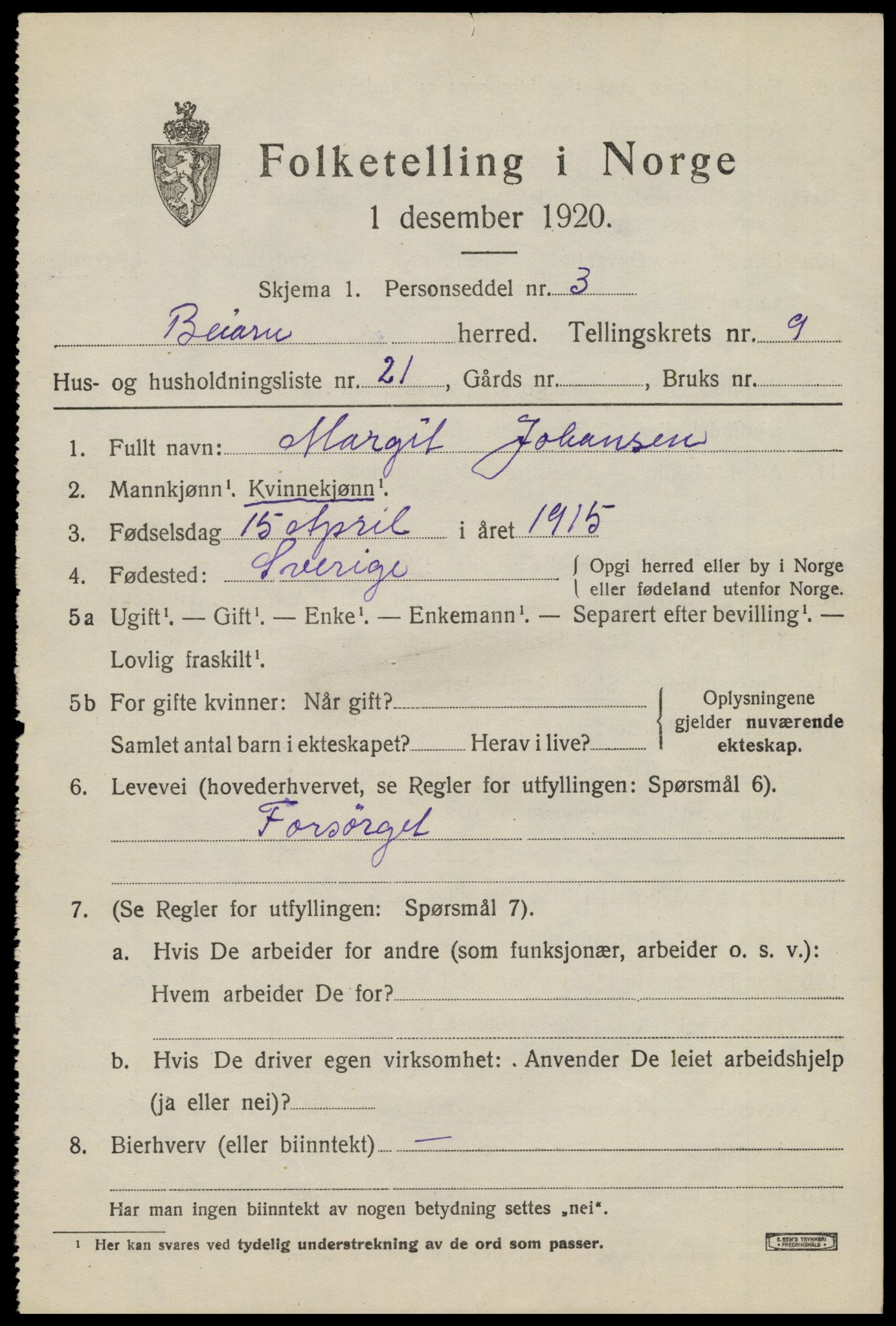 SAT, 1920 census for Beiarn, 1920, p. 4542