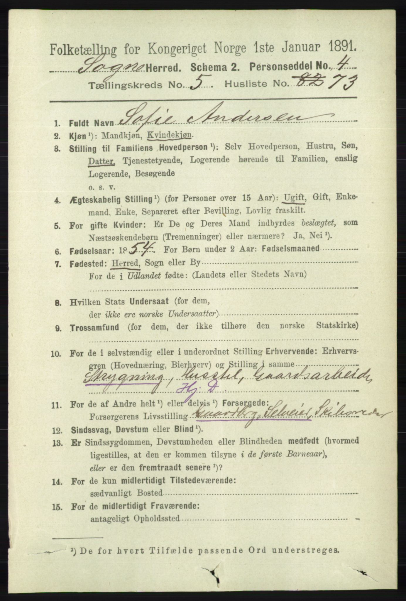 RA, 1891 census for 1018 Søgne, 1891, p. 1352