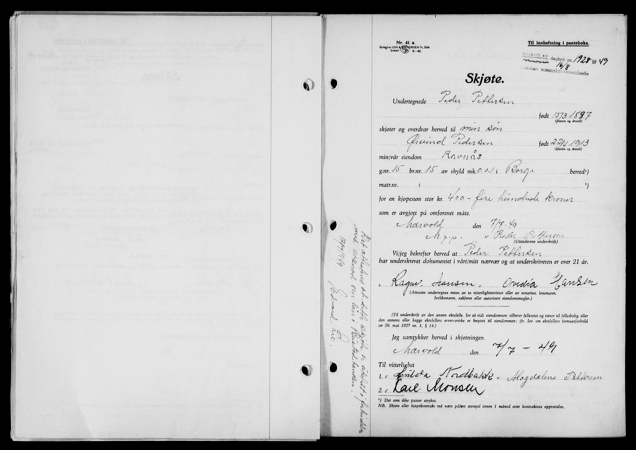 Lofoten sorenskriveri, SAT/A-0017/1/2/2C/L0021a: Mortgage book no. 21a, 1949-1949, Diary no: : 1928/1949