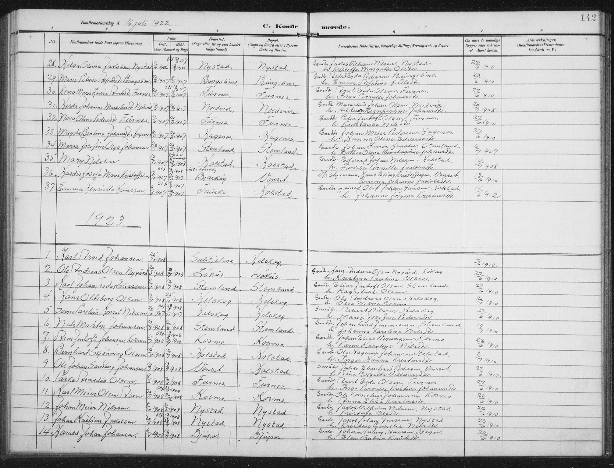 Ministerialprotokoller, klokkerbøker og fødselsregistre - Nordland, AV/SAT-A-1459/851/L0726: Parish register (copy) no. 851C01, 1902-1924, p. 142