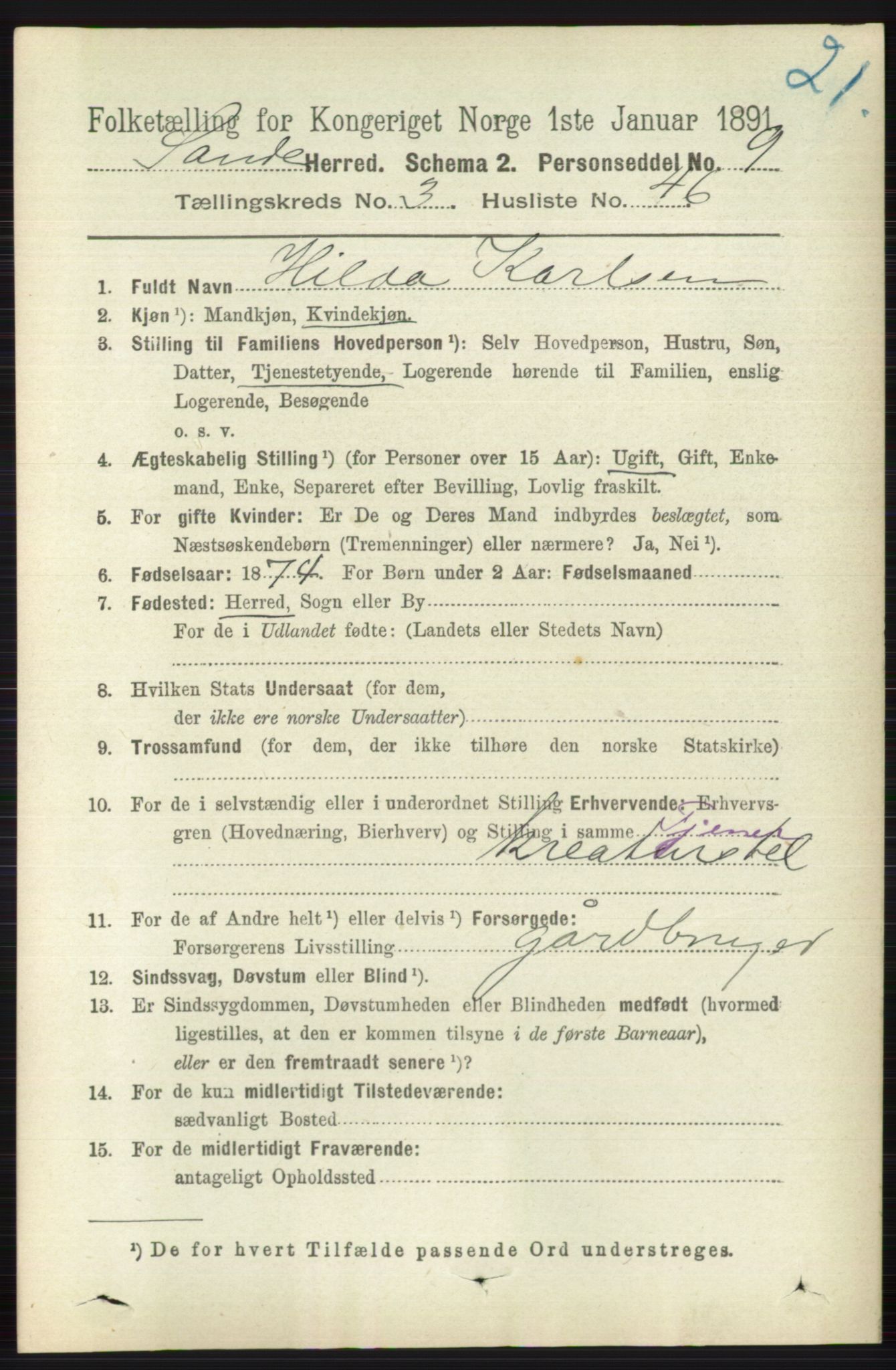 RA, 1891 census for 0713 Sande, 1891, p. 1215