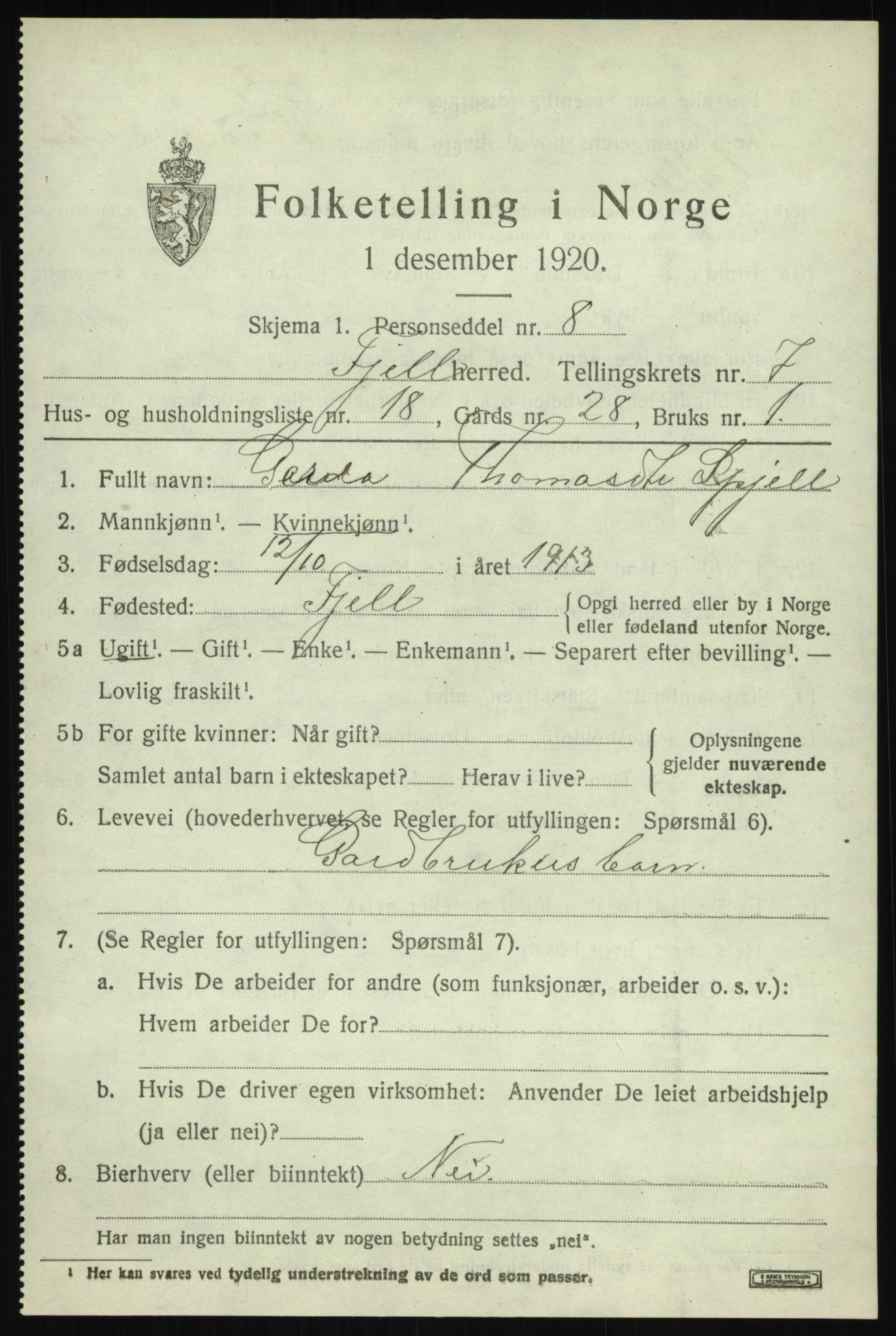 SAB, 1920 census for Fjell, 1920, p. 6656