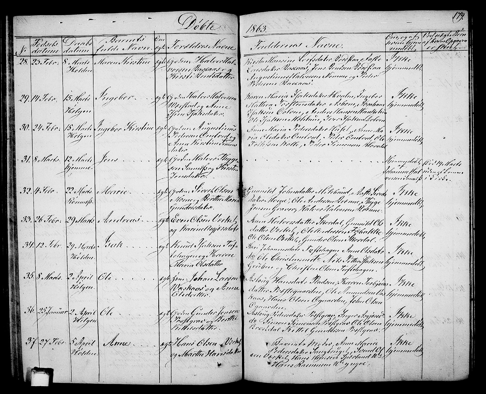 Holla kirkebøker, AV/SAKO-A-272/G/Ga/L0003: Parish register (copy) no. I 3, 1849-1866, p. 179