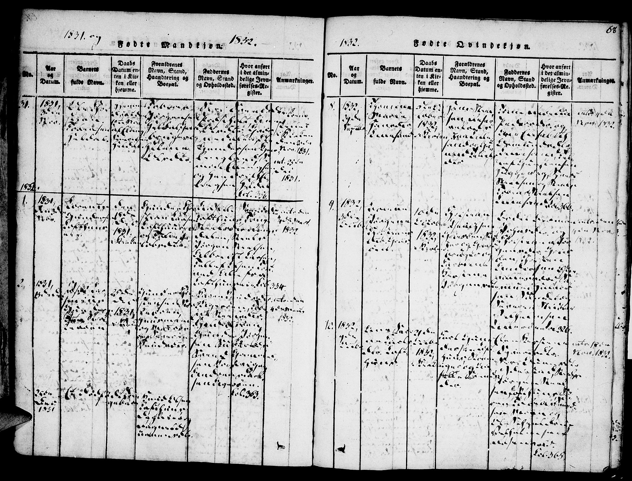 Vestre Moland sokneprestkontor, AV/SAK-1111-0046/F/Fa/Fab/L0003: Parish register (official) no. A 3, 1816-1843, p. 68