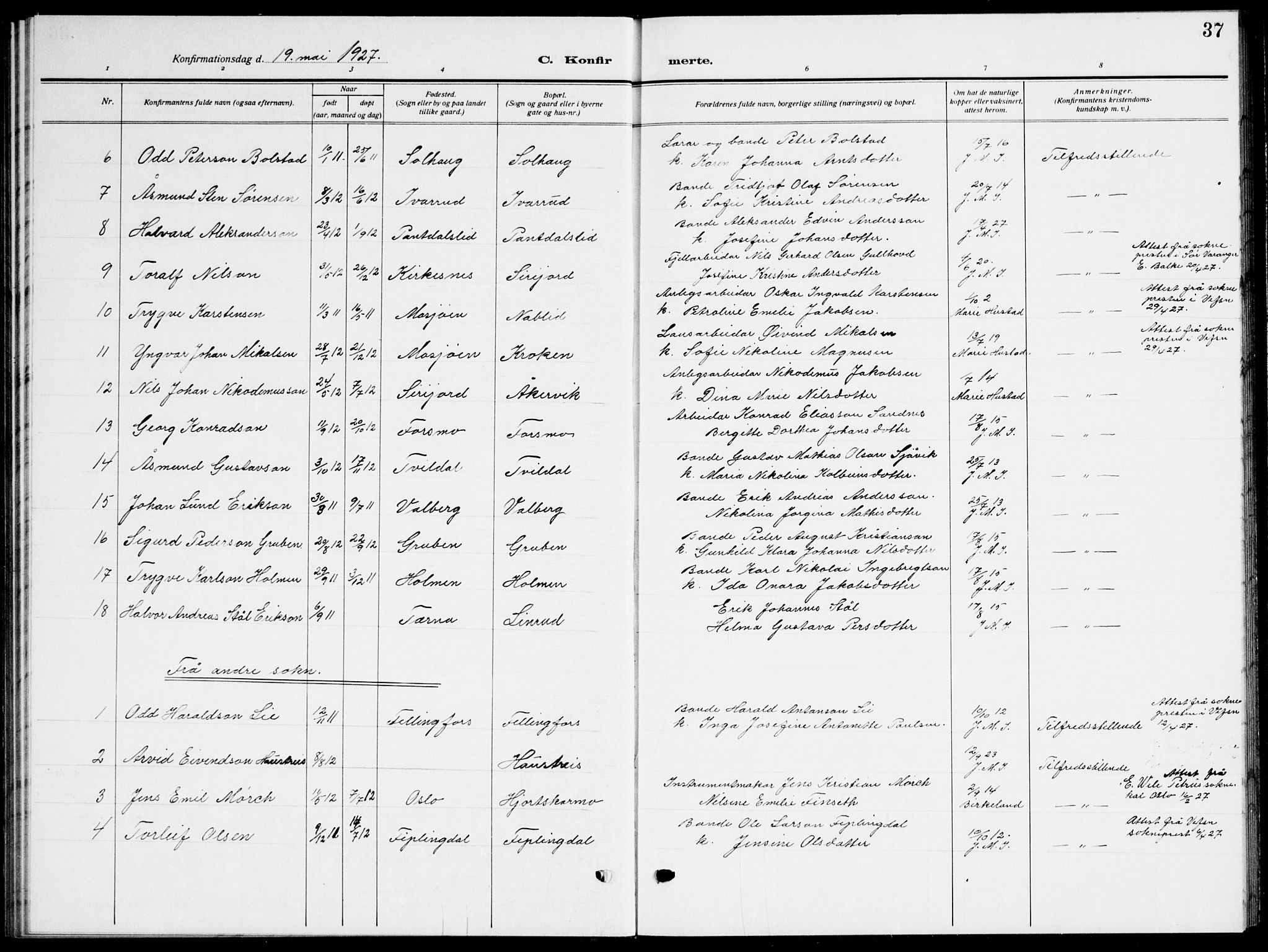 Ministerialprotokoller, klokkerbøker og fødselsregistre - Nordland, AV/SAT-A-1459/823/L0332: Parish register (copy) no. 823C04, 1907-1944, p. 37